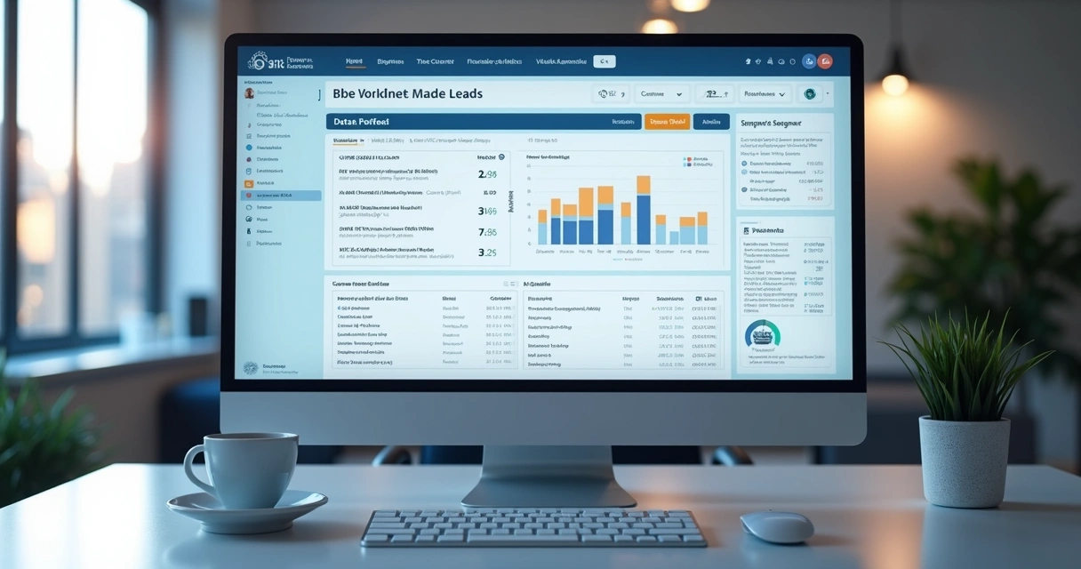Interface de plataforma SaaS mostrando dados comerciais e filtros de prospecção de leads na tela de computador