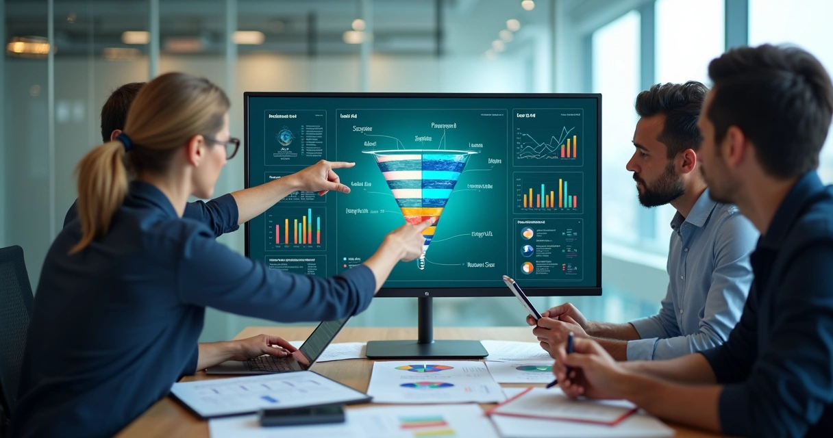 Equipe de marketing analisando painel de captação de leads B2B em tela com funil e gráficos