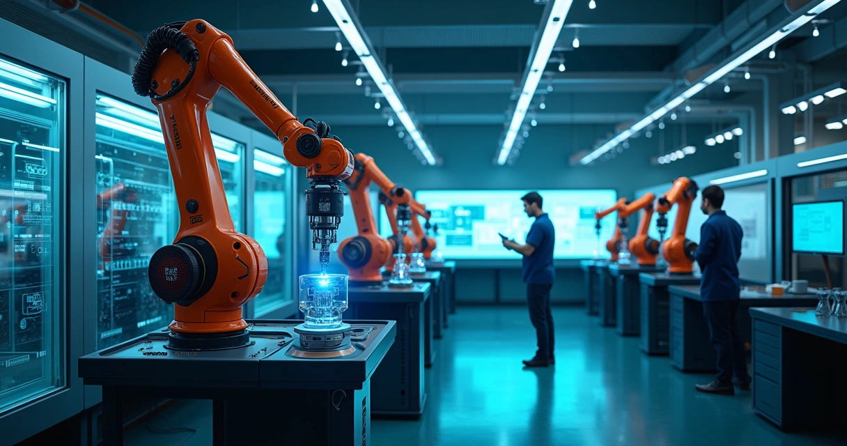 Robôs industriais trabalhando em chão de fábrica digital 
